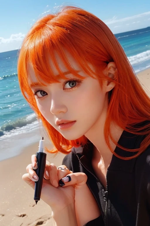 Watch your hands)Hand holding a marker Black marker pen Close-up The background is a sandy beach Overlooking Orange Hair long 手のClose-up 手のBook数に注意する 5Book