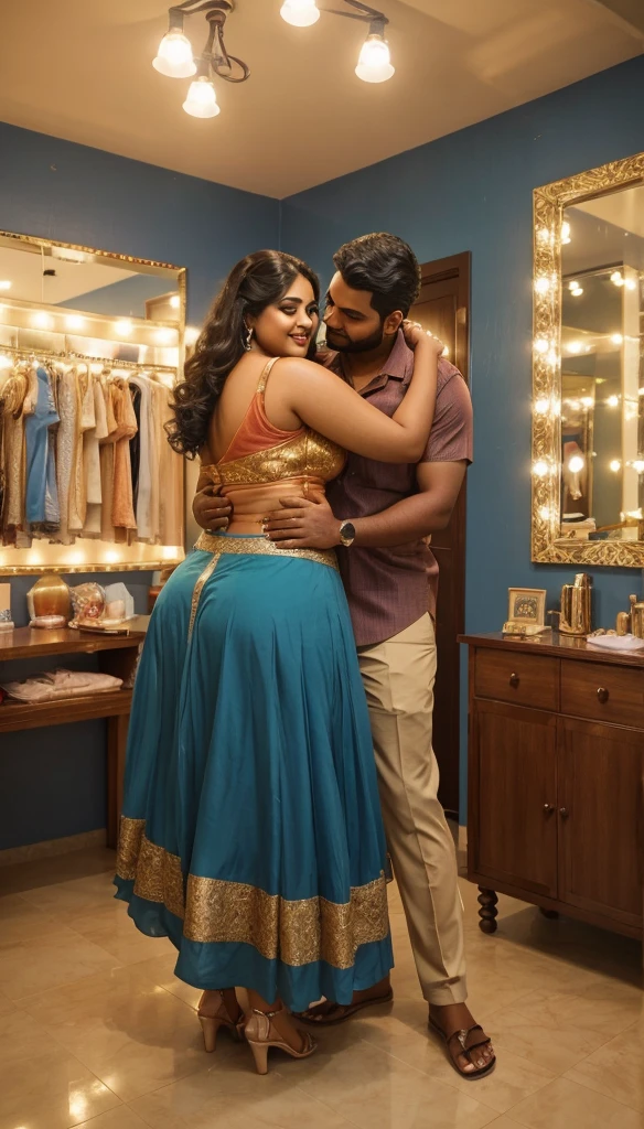 A radiant, full-figured South Indian 25 year old girl wearing a cream colour skirt tenderly hugging  and kissing a jubilant 35-year-old man while in dressing room, captured in a full-body image with vibrant hues and meticulous details. Full body image