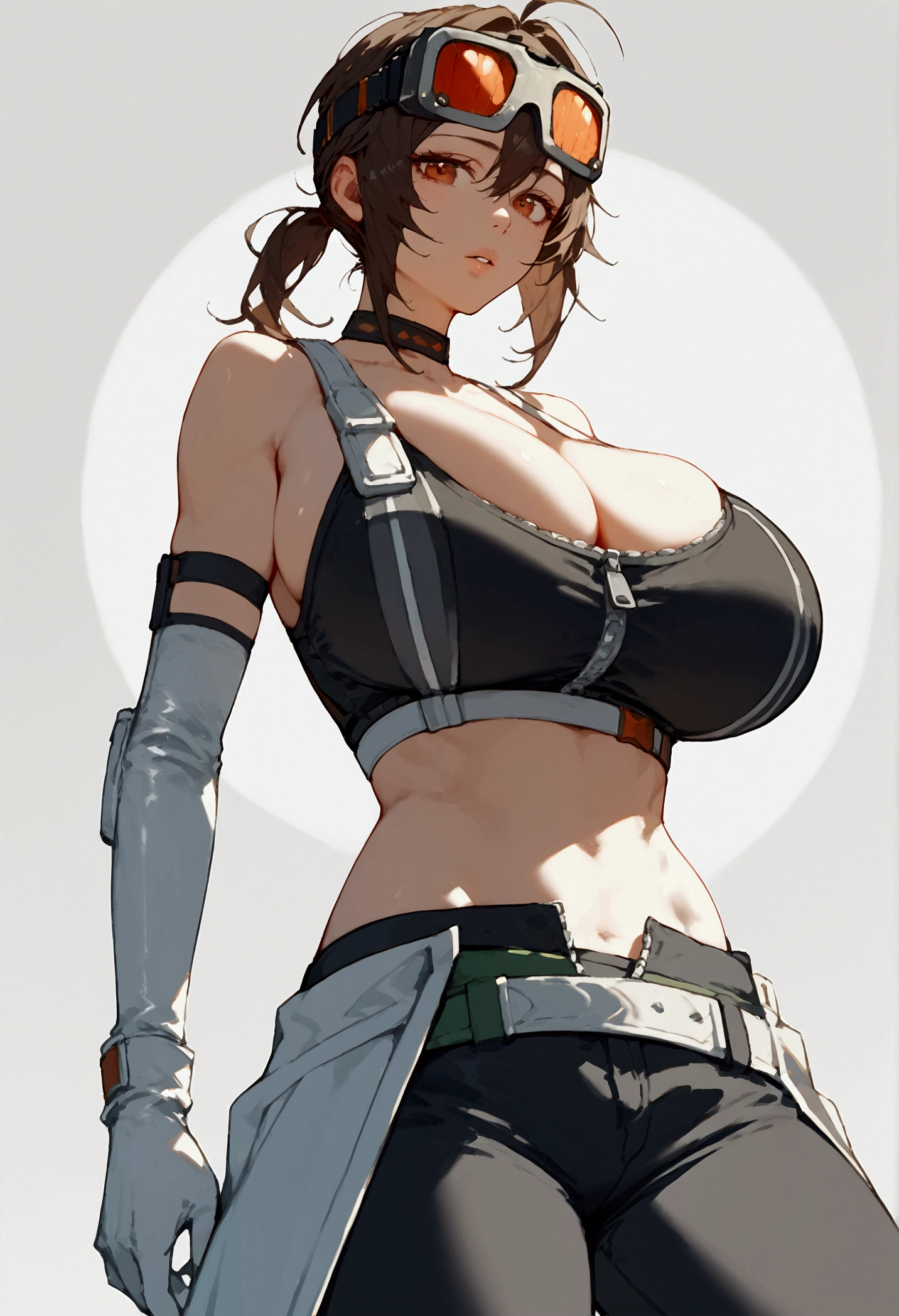 score_9, score_8_up, score_7_up, score_9, BREAK, 1girl, huge breasts, solo, score_9, score_8, score_8_up, gracehd-ponyxl, 1girl, black choker, black gloves, white gloves, black pants, black sports bra, elbow gloves, goggles on head, looking at viewer, low ponytail, parted lips, white gloves, zipper, belt