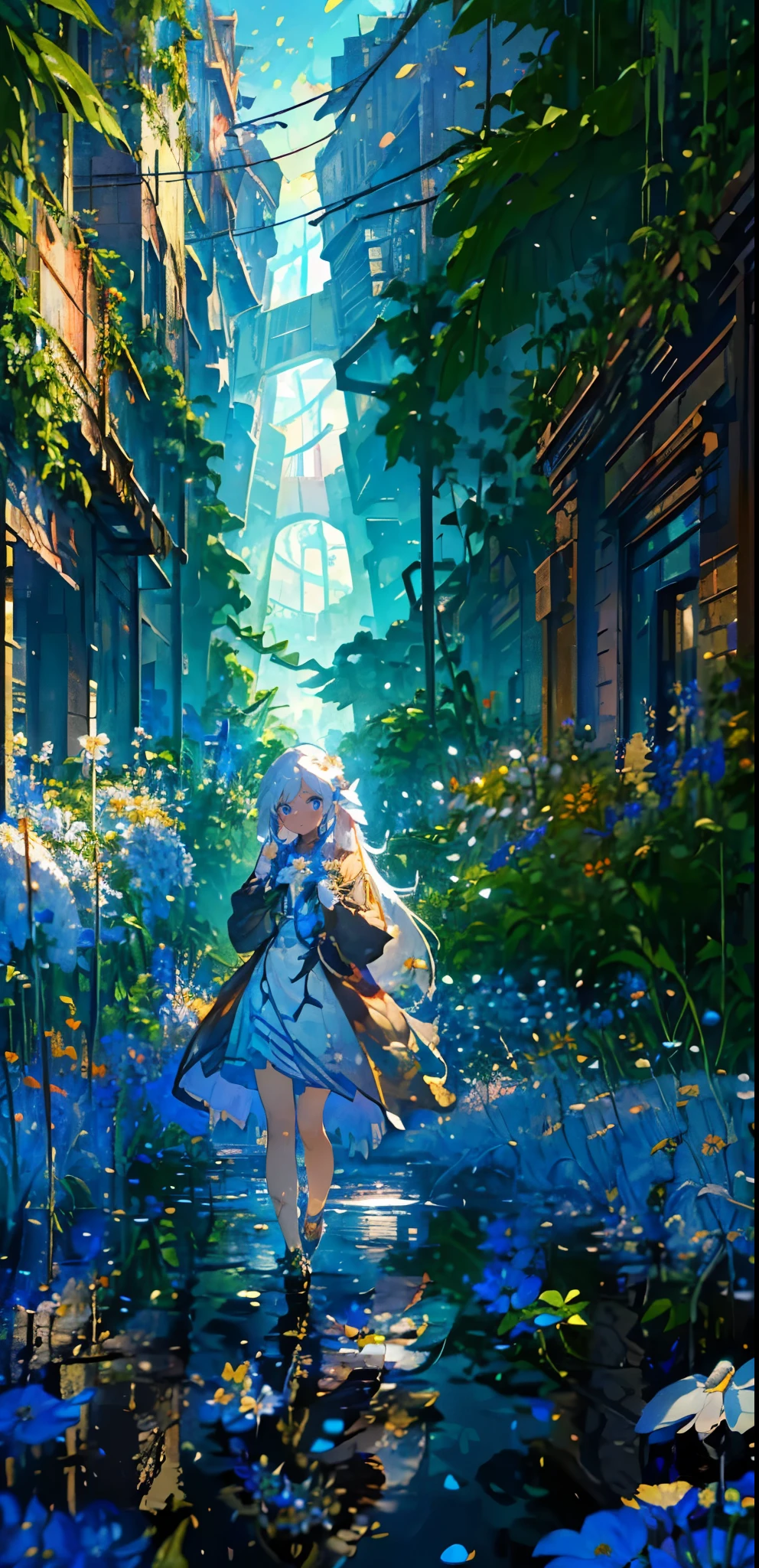 (Mastepiece), (Best Quality), Very detailed, 1 girl, (Solo full body shot:1.4), Perfect Face, beautiful girl, Very detailedな顔,(Long white hair:1.5),(Blue eyes:1.4),(Lots of butterflies々:1.2)、(Abandoned City、Plants、Flower Field:1.4)、(Lots of petals:1.3)、Fairy、mysterious、Fantasy、beautiful、beautiful