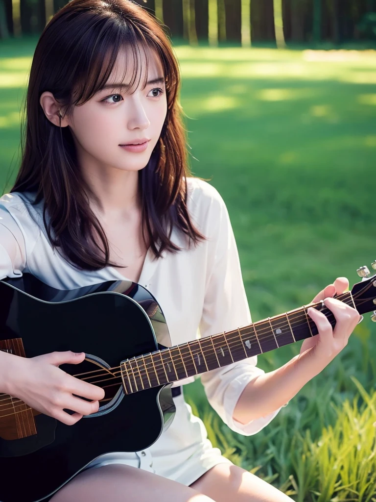 ((masterpiece, Highest quality, High resolution)), (Playing Acoustic Guitar:1.5), (There is no grassland:1.5), blue sky, Light of the sun, Side Angle, Smooth, Highly detailed CG composite 8K wallpaper, High resolutionのRAWカラー写真, Professional photography, Light, BackLight, dream-like, impressive, Written boundary depth Forest view As night falls, Sweet girl, Long hair tree々sitting between, Strumming the guitar、Creating a symphony with the glowing fireflies that surround her。.Guitar string details near big anime Angel