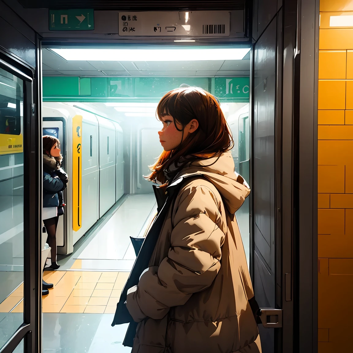 Woman looking at the scenery outside the window in front of the subway door,A man looking at the woman from the side,vivid colors, soft focus, Light leakage, dreamy winter atmosphere, experimental charm, Retro charm break color field painting, A variety of colors, abstract expressionism, bold hues, emotional impact, atmospheric depth, Minimalist approach BREAK, Beautiful girl, UHD (ultra detail) Viewers watching him wearing hip-hop style padding.., another, fancy, long, hair dyed brown 🌈, bright padded clothing, White stardust in dark areas, absurd, high resolution, very detailed, (1 male 1 female : 1.3), vivid colors, soft focus, Light leakage, dreamy atmosphere, information