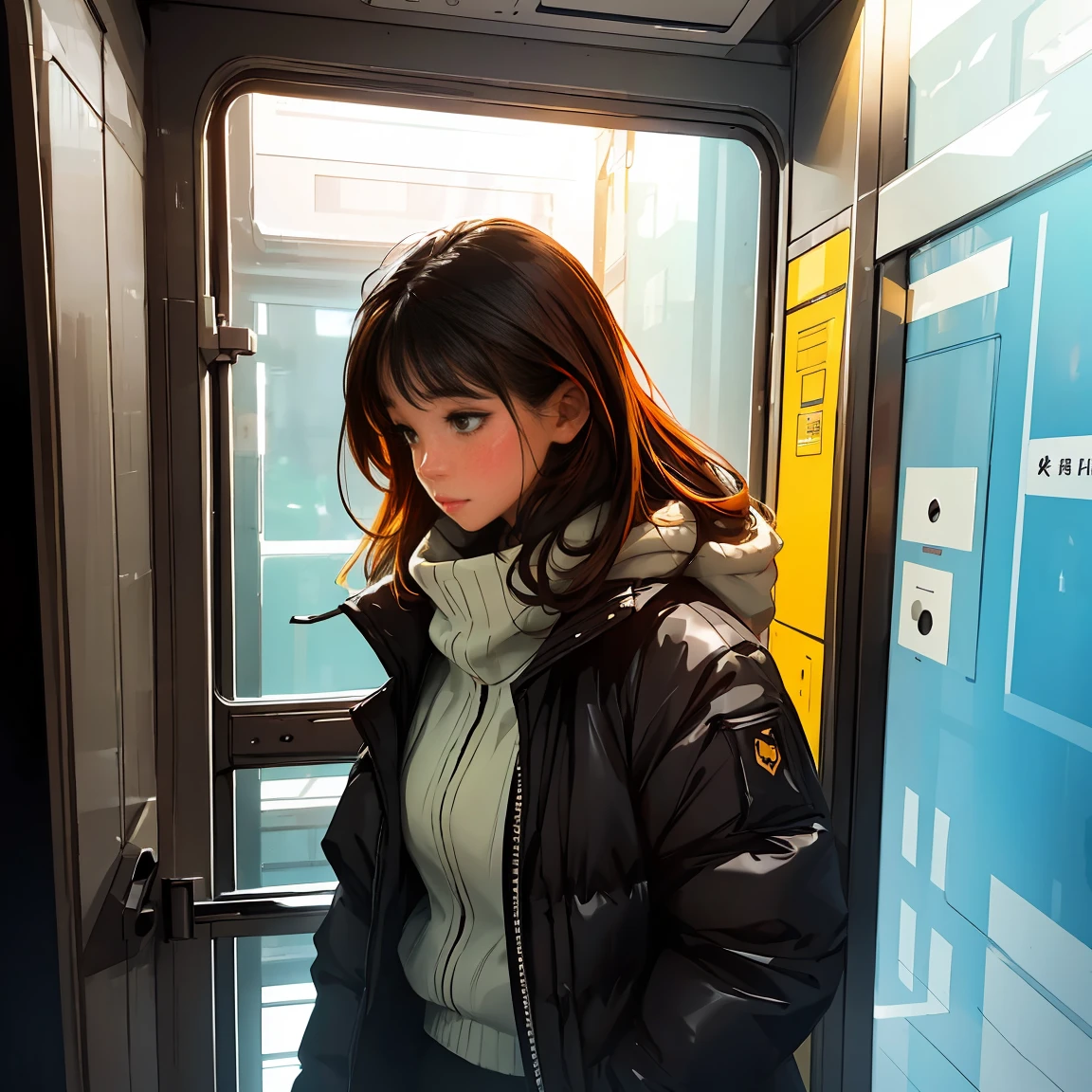 Woman looking at the scenery outside the window in front of the subway door,A man looking at the woman from the side,vivid colors, soft focus, Light leakage, dreamy winter atmosphere, experimental charm, Retro charm break color field painting, A variety of colors, abstract expressionism, bold hues, emotional impact, atmospheric depth, Minimalist approach BREAK, Beautiful girl, UHD (ultra detail) Viewers watching him wearing hip-hop style padding.., another, fancy, long, hair dyed brown 🌈, bright padded clothing, White stardust in dark areas, absurd, high resolution, very detailed, (1 male 1 female : 1.3), vivid colors, soft focus, Light leakage, dreamy atmosphere, information
