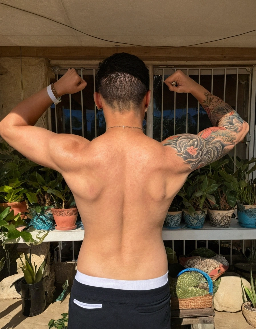 Remove arm tattoo. Change the background to a landscape like a Caribbean beach. Increases body muscles