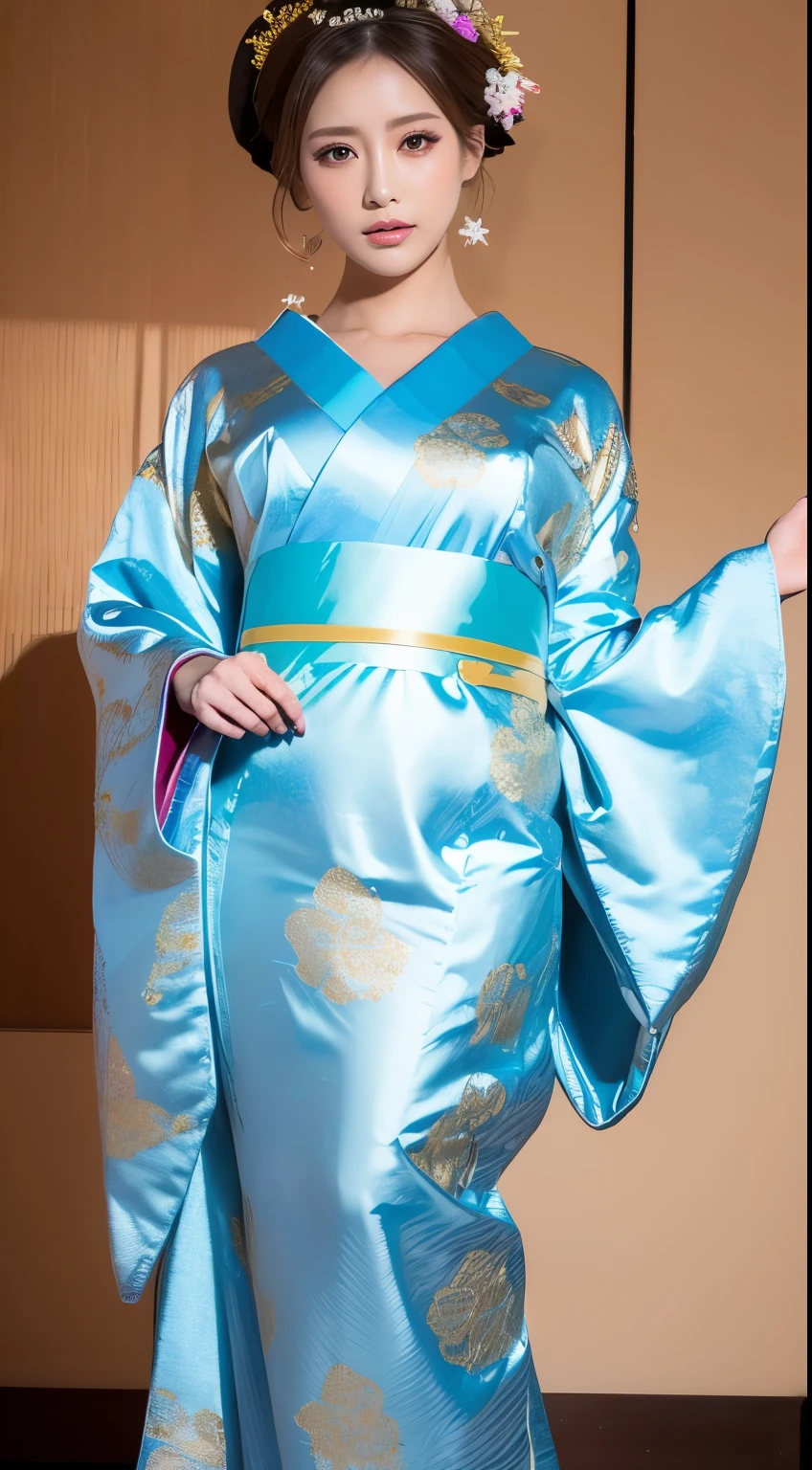 ((masterpiece(:1.4),Highest quality,Ultra-high resolution,Highest quality,8k,Extremely detailed,In detail))。night,Japanese,(A beautiful woman),glossy,slim,Large Breasts(1.6),sexy,glamorous,Golden Ratio Style,Perfect Style,White powder applied to face and neck,Flashy gal makeup,Red light district,Bedroom,Oiran,Prostitute,Sunny day outfit,Uchikake,Gold brocade,((A gorgeous kimono)),A cutting board belt tied in front,Hair tying,hairpin,hair ornaments,Gorgeous costumes,Beautiful standing posture,Presence,Exude sex appeal,looking at the camera,