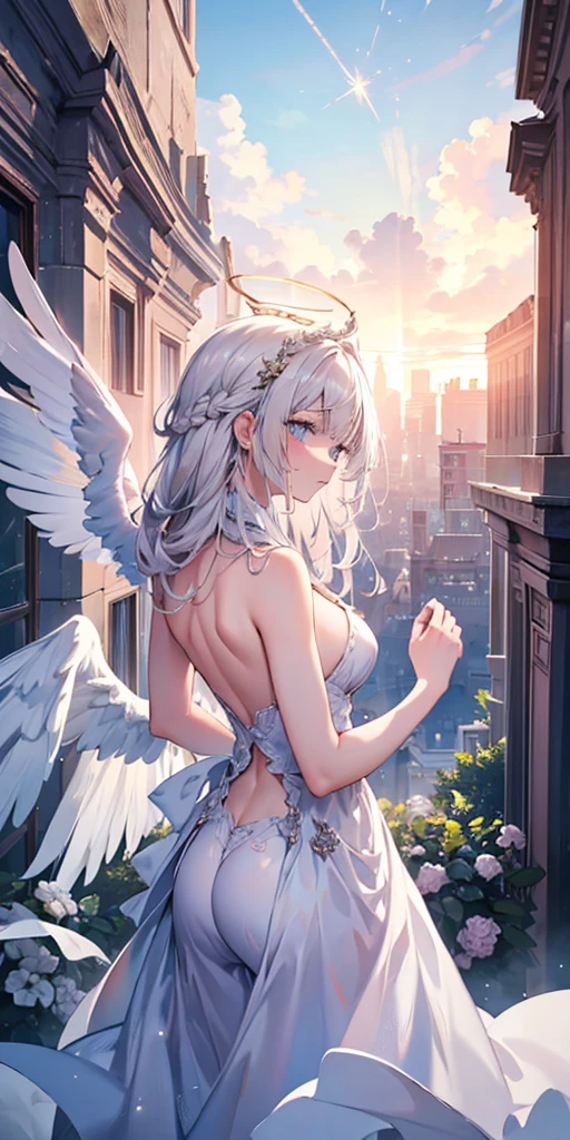 a (Rear view:1.5) A very beautiful female angel\(Long platinum blonde hair, Wide back white dress,(There are beautiful big angel wings on the chest),Very beautiful shiny halo\), She gently opened her arms，Seeking redemption, She is above the clouds, looking down at the world below,Ancient Europe， Fierce war\((So many sparks and flames), fail, fighter, Many buildings collapsed, Nature is destroyed, Magnificent scenery\) Happening Under the Clouds, rest ,quality\(8k,Extremely detailed CG unit wallpaper, masterpiece,high resolution,top-quality,top-quality real texture skin,Surrealism,提high resolution,RAW photos,Best quality,Very detailed,wallpaper,light,Ray Tracing,Golden Ratio\),[National Foundation],Dynamic Angle,[National Foundation],from above