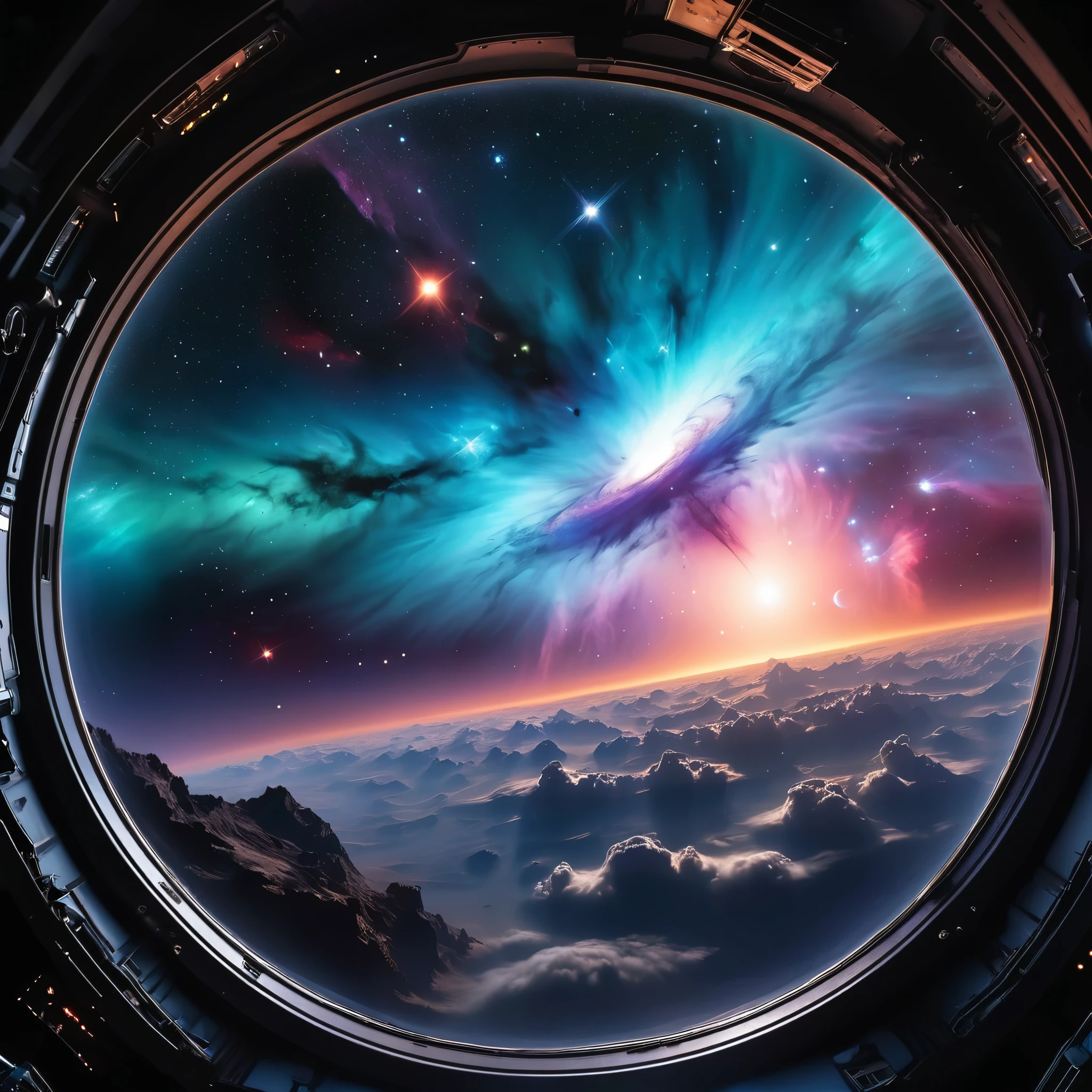 Looking through the glass shield of the rocket cockpit window, The nebula-like cosmic landscape displays fascinating beauty. The endless velvety blackness of space,Filled with glowing clouds of oxygen-rich gas. A threatening sound in the center of the nebula, A giant black hole shrouded in a sinister aura, Marking the final destination of countless dying stars. Detailed cosmic weather phenomena scatter the surroundings, Interrupted by the symphony of cosmic energy
