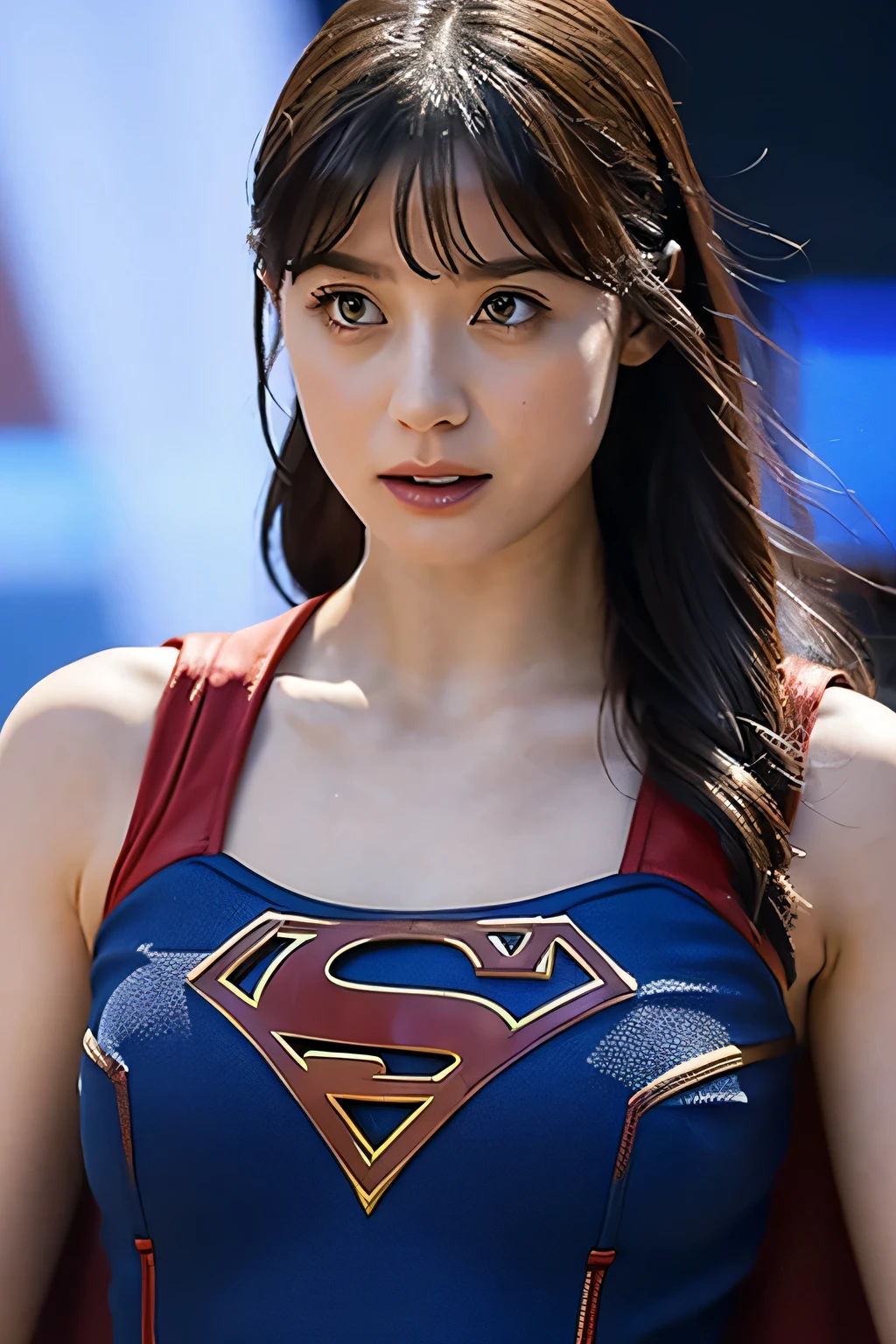 Supergirl, Beautiful Supergirl, 29 years old, Height : 152 CM, Supergirl In a smackdown arena, midday, supergirl tanktop costume, hair tied, hair bangs, Supergirl was sweating profusely, Supergirl had wet sweat on her chest, Supergirl had wet sweat on her head, Supergirl is shocked, Supergirl looks up, Supergirl looks scared, Supergirl screamed in pain, supergirl defeated, supergirl tanktop costume is torn, Supergirl is seriously injured, Supergirl cried, supergirl in peril, Supergirl height: 152 CM, Supergirl Lying weakly below in smackdown arena
