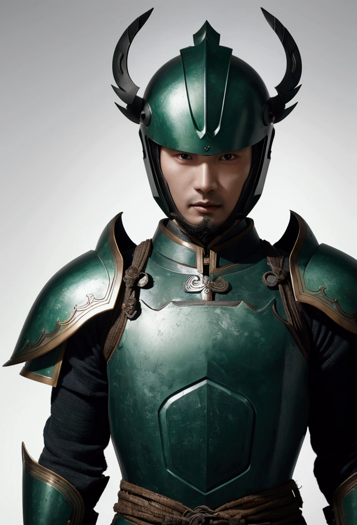 Chinese_armor, 30-year-old Chinese man,alone,shoulder_armor,Helmet,green_null,detailed_eye,View your viewers,masterpiece, Highest quality, perfect eye, Perfect Face, Perfect lighting, 8k,Perfect Anatomy,
