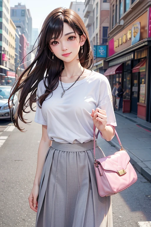 (Highest quality、 8k 、masterpiece、High resolution)、Young lovely woman、Ample breasts、Smooth and unnoticeable collarbone、Slender beauty、(Brown hair medium、My hair is blowing in the wind、Flows backwards)、Full Body Shot、 (Beautiful Face,Beautiful Eyes,Beautiful nose,Pretty lips)、(Stephanie hoove earrings、silver heart necklace)、((Official Casual、knit、shirt、slacks、skirt、Black or white、Finish with basic colors such as pink))、Has an official bag、Her mouth opens slightly and a smile appears.、Nice pose、Building district、office Street、looking at the camera、Professional Lighting、Professional photographer、Detailed CG、