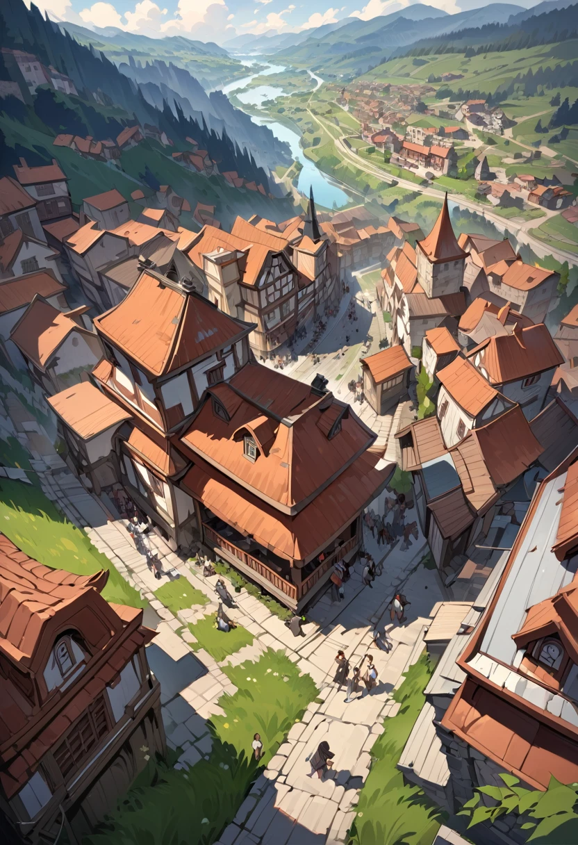 Landscape, top view vista, ancient European style city on a grand scale in the valley, a huge wall on the mouth of the valley, shorter houses, people coming and going in the streets, best quality, a very pitiful and beautiful picture, a masterpiece, cinematically lit, masterly , impasto