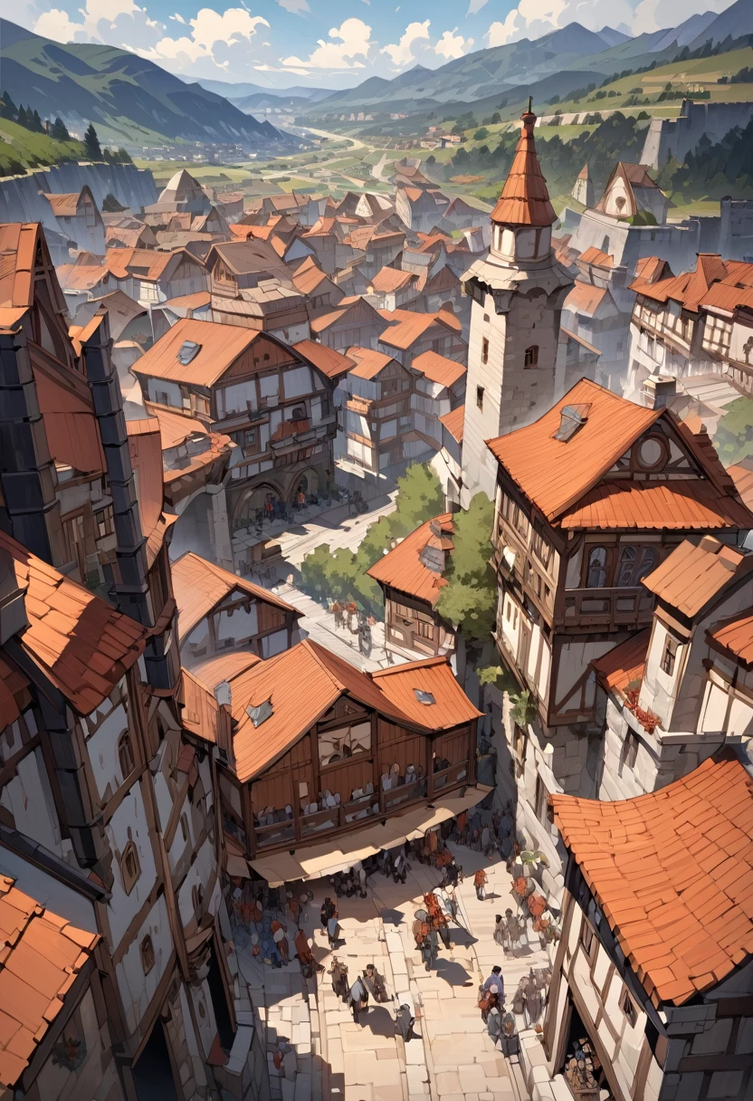 Landscape, top view vista, ancient European style city on a grand scale in the valley, a huge wall on the mouth of the valley, shorter houses, people coming and going in the streets, best quality, a very pitiful and beautiful picture, a masterpiece, cinematically lit, masterly , impasto