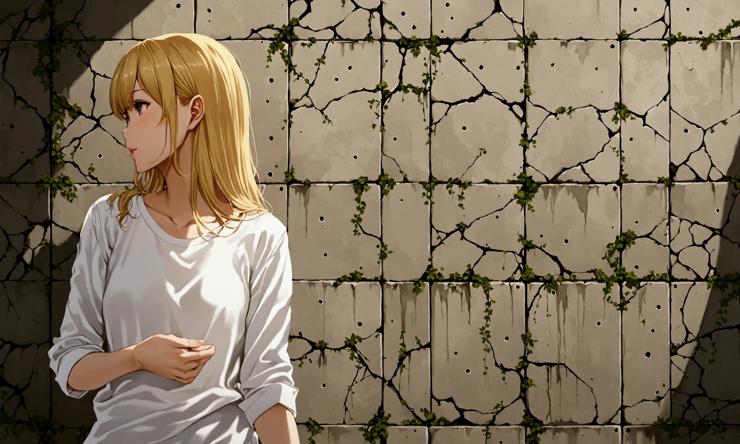 タバコを吸うBlondeの女性、Korean、White shirt、Old concrete wall、Blonde