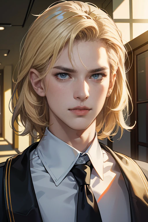 (tmasterpiece, high resolution, ultra - detailed:1.0), (1 boy, Young male, masculine face), Perfect male body, tall and strong, Adult male, Delicate eyes and delicate face, Extremely detailed CG, Unity 8k wallpaper, Complicated details, Detailed face, (blond hair, messy hair, serious faces, white shirts,Bad students), (frown,evil smile:1.3), stad in school corridor, street style, color difference, Depth of field, dramatic shadow, Ray tracing, Best quality, Cinematic lighting, offcial art,Portrait