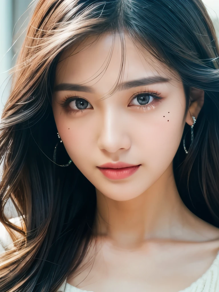 Highest quality, masterpiece, Ultra-high resolution, Ultra high definition, Realistic, 1 girl, Off the shoulder, Summer knitwear, smile, smile, Slightly visible, Extra Large_sweater, Soft lighting, Detailed skin,Soft skin texture, bangs, Black Hair, Clear Eyes,Shining eyes that store light, Extra Long Silky Hair, Transparency, Japan, Beautiful woman, Upward glance, Lip gloss, Tears, Mole on chest, Eye highlights,