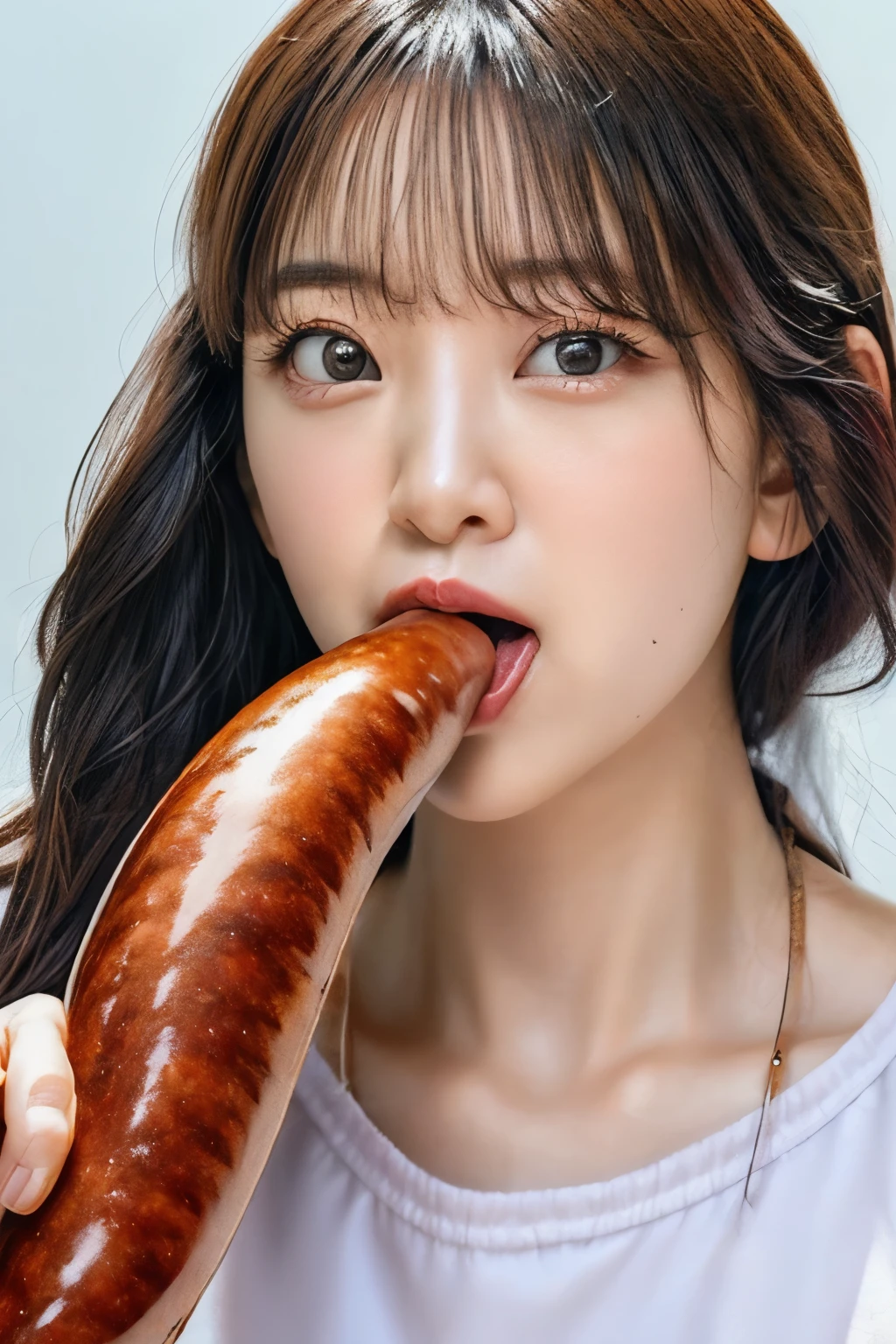 (realistic, photo-realistic:1.4), (best quality, masterpiece:1.2), RAW photo, high resolution, intricate details, extremely detailed, realistic and sharp details, (portrait, face focus), solo, a Japanese woman, Miona Hori, (eating a huge sausage, shovel a long sausage deep into mouth:1.4), (detailed face, beautiful detailed eyes, beautiful pupils, sophisticated nose), pale skin, fine-textured skin, necklace, jewelry, collarbone, wearing some clothes, simple background,