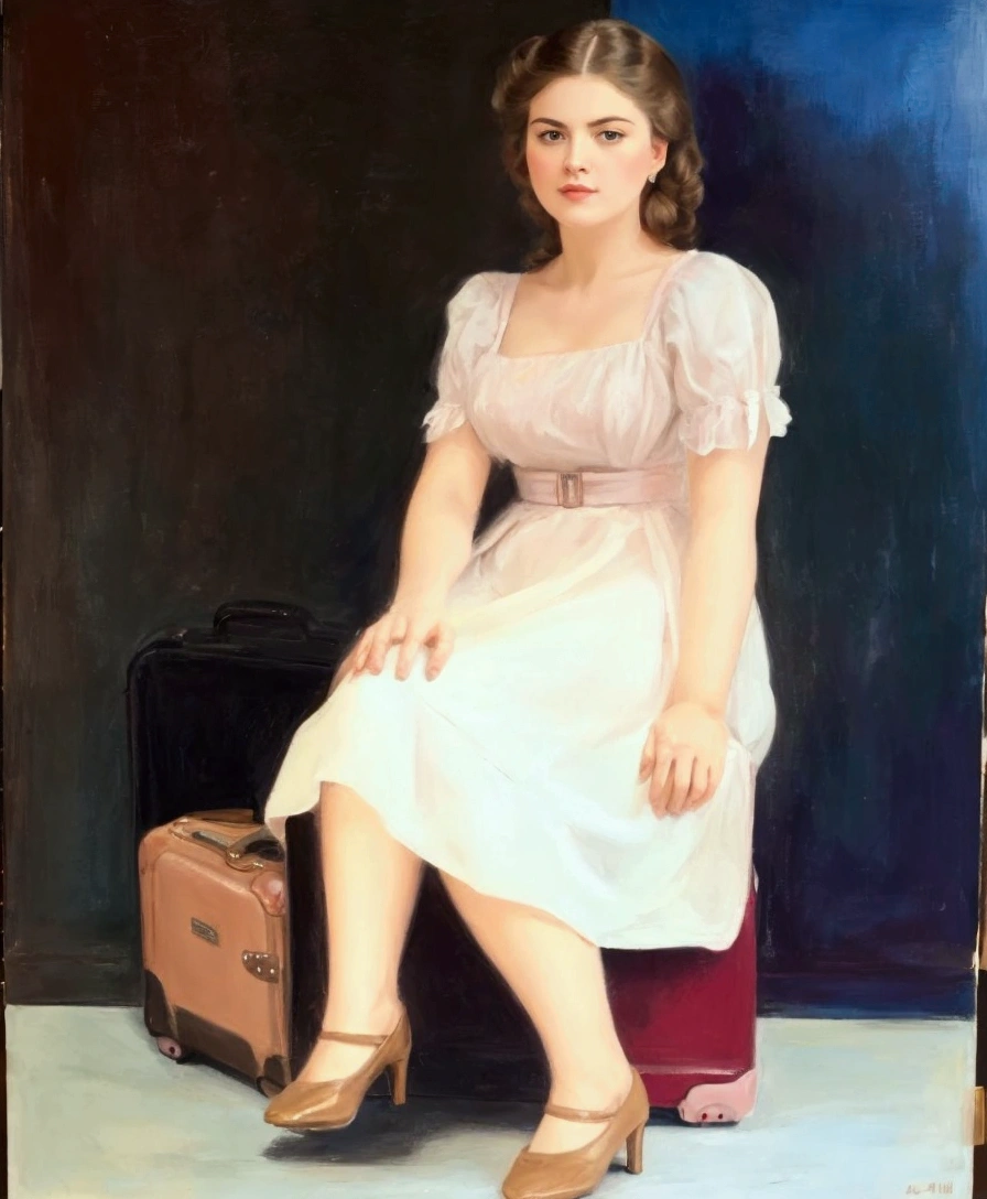 painting of a woman sitting on a suitcase with a suitcase in front of her, woman posing, autochromatic pearl portrait, total length used, clothed non-nude portrait, full - length portrait, full - length portrait, full - length portrait, maria panfilova, wore picture, inspired by Joseph Kleitsch, vintage color photo, portrait of the actress