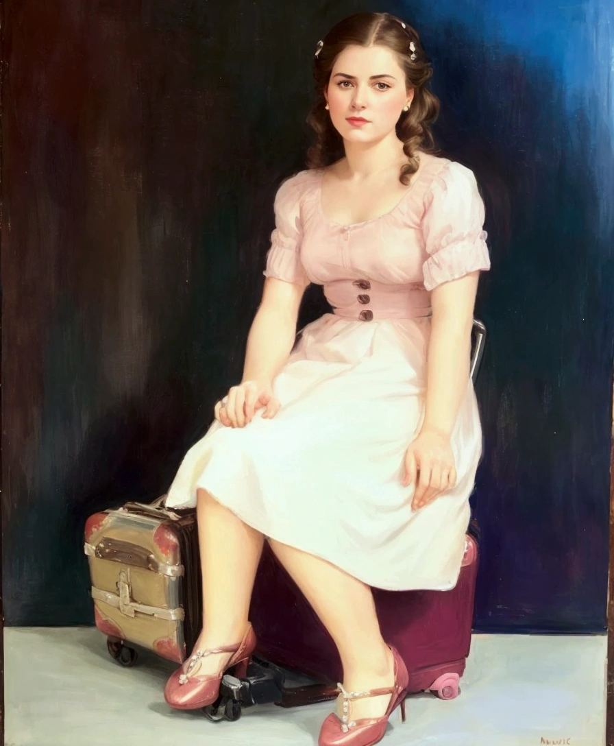 painting of a woman sitting on a suitcase with a suitcase in front of her, woman posing, autochromatic pearl portrait, total length used, clothed non-nude portrait, full - length portrait, full - length portrait, full - length portrait, maria panfilova, wore picture, inspired by Joseph Kleitsch, vintage color photo, portrait of the actress