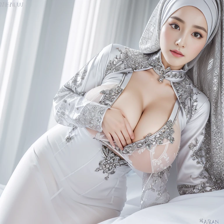 (nsfw:1.5)、Marian Rivera, 30 years old , nsfw:1.5, ((gigantic breast:1.3)), beautiful young lady, Nikon Z 85mm, ((best quality)) ((masterpiece)), intricate detail, sharp focus, professional, realistic, real life, hyperreal, photorealistic, fine detail, best quality, very Detailed CG unity 8k wallpaper, perfect artwork, Full body, shiny hair, glowing eyes, shiny skin, realistic, perfect female hourglass figure, thin waist, wide buttocks, looking at viewer, extremely delicate and beautiful, best quality, beautiful detail girl, beautiful eye detail, face lighting, film lighting, perspective, revealing buttocks, perfect collarbone, golden ratio face, realistic facial expression, (exquisite detail, makeup, (exquisite beautiful exquisite face, delicate and beautiful eyes, a face with perfect proportions, high-detailed skin,((wearing silver long closed Ao Dai with closed hijab)), , brown hair, luxury hotel bedroom.