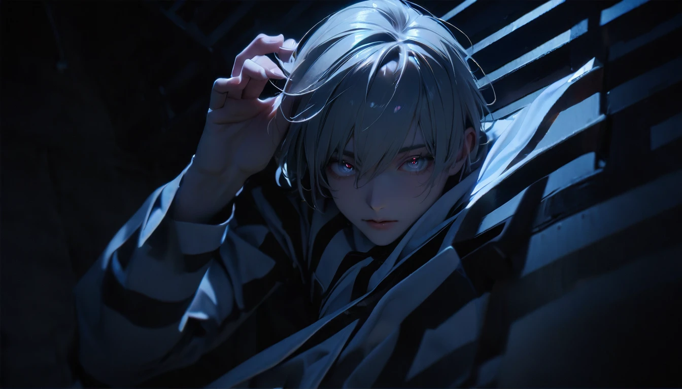 (8k, RAW photos, best quality, masterpiece: 1.4), (((Boy examining himself)))，Ultra-high resolution, Extremely detailed, Dim Lights, Full body close-up, handsome boy, black eyes, (delicate eyes, Eyes are bright:1.2), Gray short hair, Fair skin,dark, Black and white striped prison uniform,Black and white striped prison pants,(perfect anatomy:1.2), High-quality shadows, Natural Lighting, (White highlights:1.2), night, cloudy day, (Dimly lit cells:1.2), (Metal walls all around:1.2)