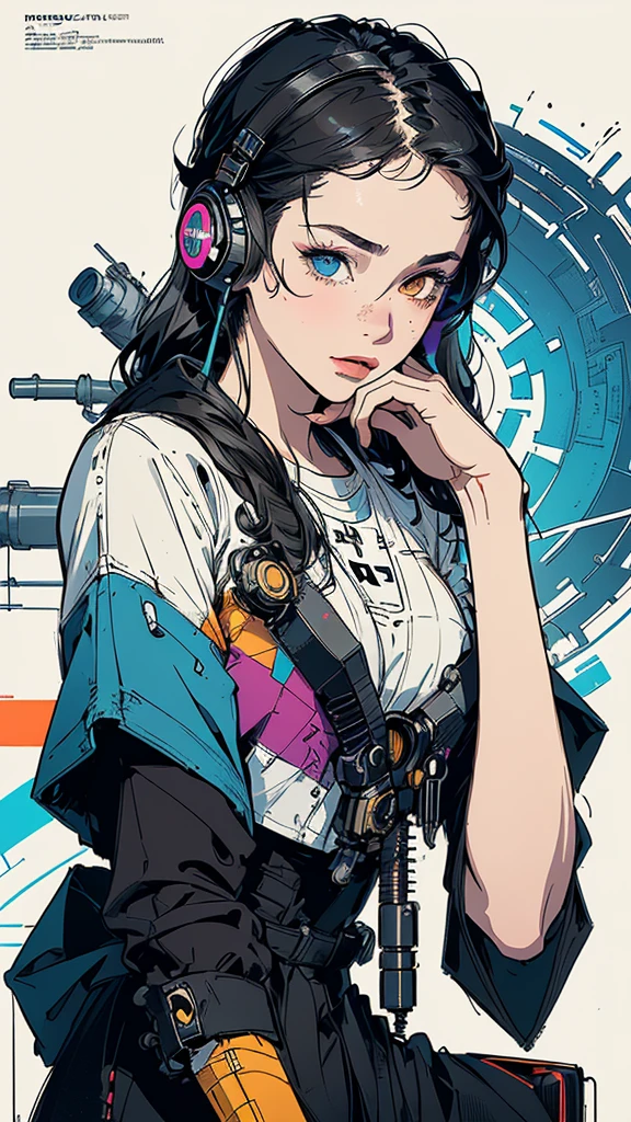 (((masterpiece, highest quality))),(((solo:1.2))),(((1girl:1.2))),32k wallpaper, very detailed, poster, vintage science fiction,(((((geometric cinematic movie poster))))), ((bauhaus)),(shape),(((abstract))),(mid century modern),(((((portfolio))))),(((((Close-up))))),(((((bust up))))),((((more various angle)))),((((highlight)))),((((heterochromia)))),(((complete. detailed face))),((((Extremely talented)))),(((((most complecated futristic machine))))),(Colorful color scheme),(((detailed unlimited complete equipment : headphone like a rail gun))),(((((Absolutely simple background))))),(((Texture for people : grunge))),(((Cheek resting on hand))),((Rest on your chin)))