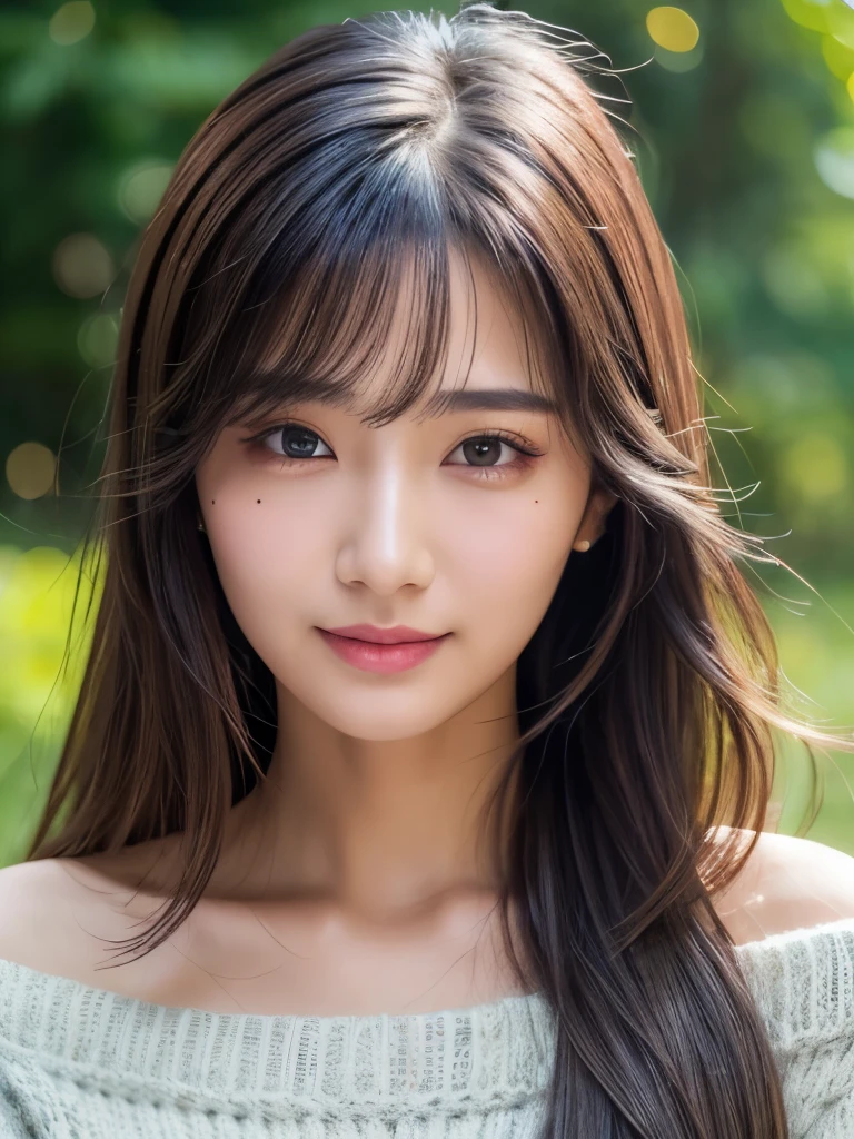 Highest quality, masterpiece, Ultra-high resolution, Ultra high definition, Realistic, 1 girl, Off the shoulder, Summer knitwear, smile, smile, Slightly visible, Extra Large_sweater, Soft lighting, Detailed skin,Soft skin texture, bangs, Black Hair, Clear Eyes,Shining eyes that store light, Extra Long Silky Hair, Transparency, Japan, Beautiful woman, Upward glance, Lip gloss, Tears, Mole on chest, Eye highlights, 
