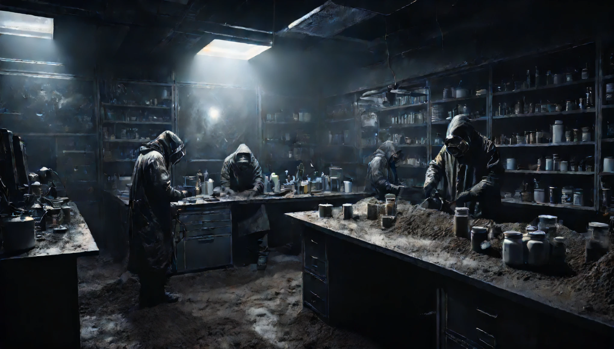 science fiction lab, apocalyptic powder, crooked top angle, too much metal, full of metal, full of dirt, bad lighting, scientists with cold clothes working, ultrarealistic style, horror, scary, dark