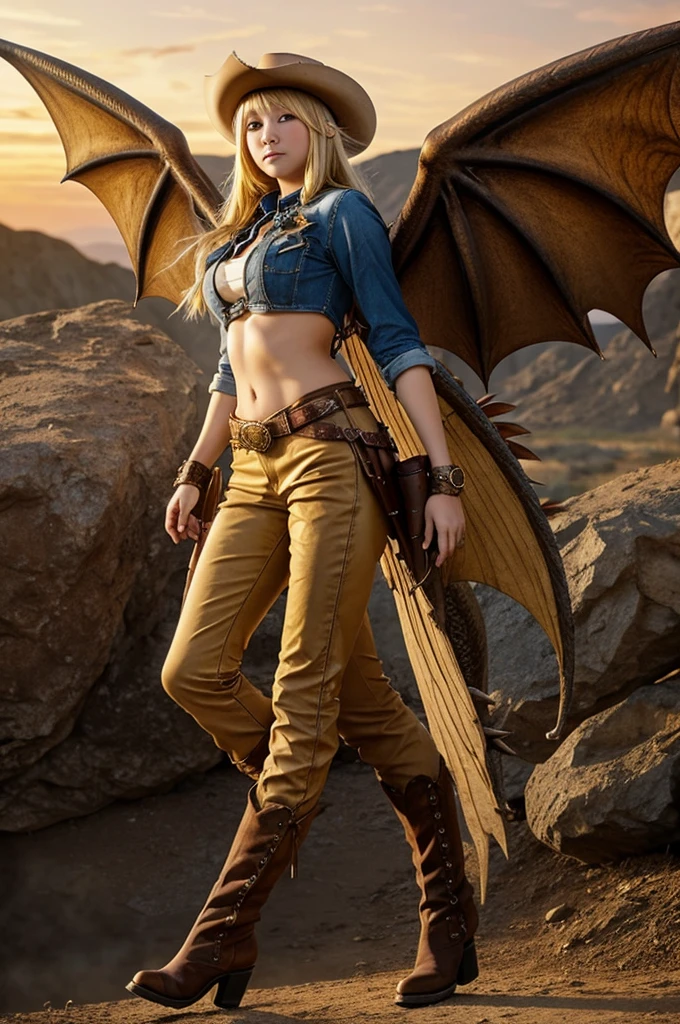 Anime girl, blonde hair, cowgirl with hat, pistols, dragon wings, western, wild west, full body, beautiful eyes, pants, opened wings, flying