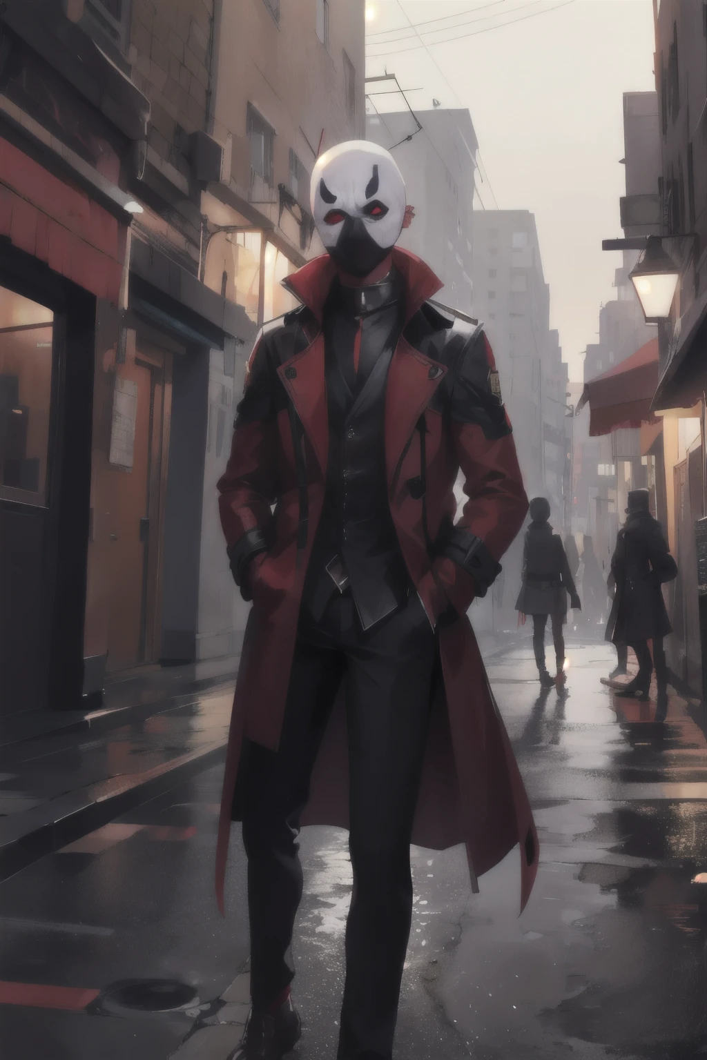 Dead pool,nighttime city,Raby,trench coat,hands in pockets