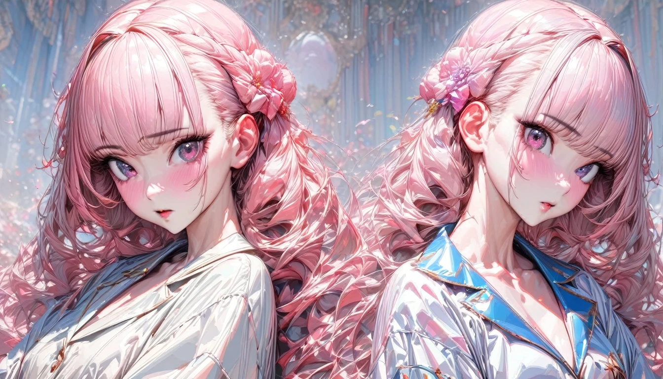 One person, woman, Ultra-high resolution, 超detailed, Highest quality, 8k,((Highest quality)), ((masterpiece)), (detailed)，Face direction(front)，Hair Color(Bright pale pink,Fine hair quality), Hairstyle(Well-organized), background(null,)，eye(きれいなeye元), clothing(White pajamas)，expression(Exquisite features depicting a perfect face)，Body Type(model,Glamorous)，Perfect hands，完璧なwoman像, Dramatic Shadows, Japanese, Cute pose, Anime characters,Persona 5(Kasumi Yoshizawa)  , 