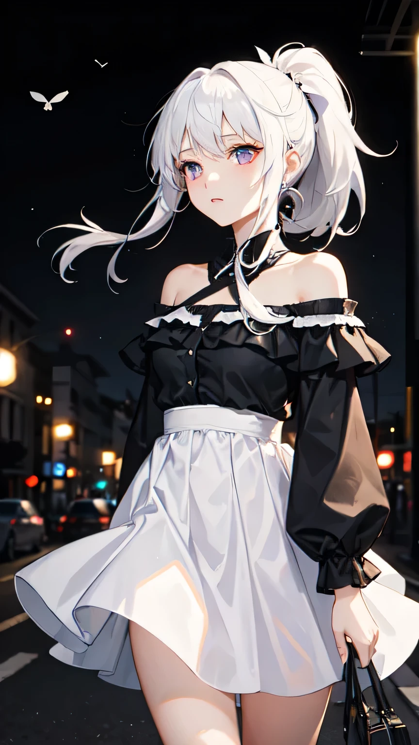 ((Highest quality)), ((masterpiece)), (detailed), One girl, City of night,White hair fluttering in the wind,Hair in a ponytail,Illuminated by street lamps,Purple eyes sparkle,Plain white off-the-shoulder dress。The wind is fluttering the hem of her dress,The expression is calm、I'm walking, gazing somewhere far away。Her walking is graceful,Old Street Lamps,background,Twinkling stars in the night sky々and、静かなCity of night並み,