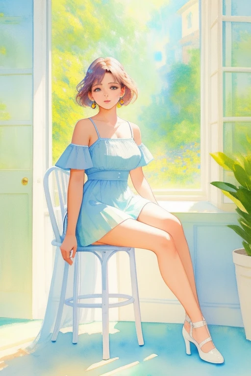 (best quality), (masterpiece), (1girl), solo, beautiful girl, perfect face, perfect body, Medium breast, sexy dress, indoor, sitting on the chair, watercolor, posing like model,  simple background, full body portrait, sunny window, pastel color, Monet style color,