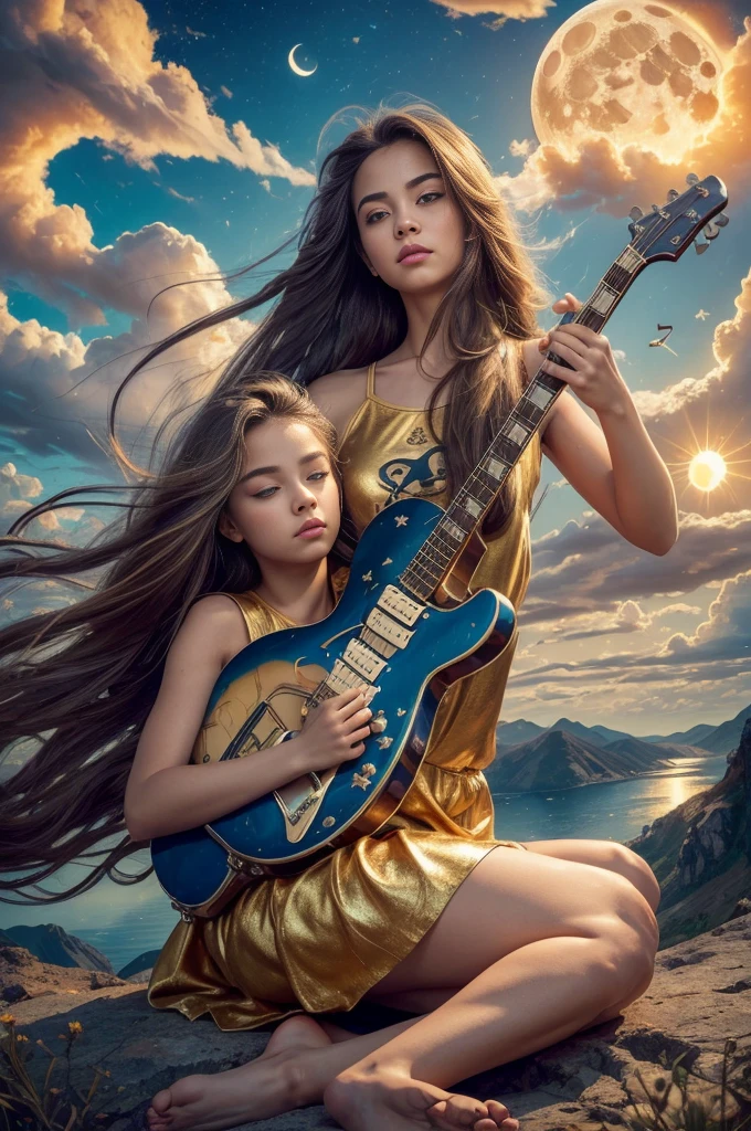 Abstract painting art, 8k poster, whole body, Golden Flower, Beautiful girl sitting on the edge of a cliff and looking at the distant horizon, Golden Eyes, garden, Golden Eyes, Long hair blown by the wind, Woman body front view, Bronze Hair Metallic, Red clouds sunset, Night Light, Lake and distant mountains々Depth of the valley seen from above, Abstract Oil Painting, A girl who is concentrating well on the scene, (((Girl playing guitar))), Exposure, Exposure art, Surrealism art, Fantasy, Abstract painting of a woman in a mountain landscape, 8k poster, whole body, Gold and silver flowers, Evening Light, (((Girl playing guitar))), (((Huge full moon next to the sun, ))), (((Musical symbols in the clouds))), ((((Long hair flying in the air, Abstract hair shaped into musical symbols, Sheet music thrown into the clouds, Surrealism art)))), High resolution 8K poster, Gold and silver butterfly, ((Short dress, Tank top)), ((Transparent T-shirt)), ((mini skirt)), ((Barefoot) )), ((Barefoot) )),