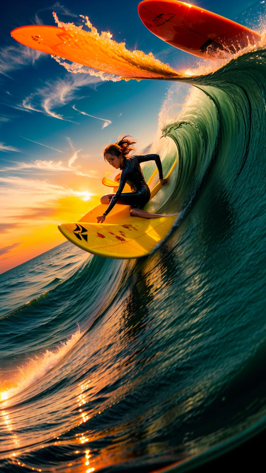Girl surfing、The blazing sun、Riding the Wave