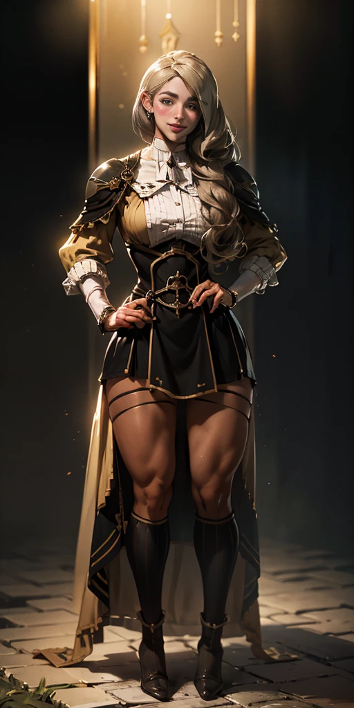 (Forrest from Fire Emblem Fates) 1 solo female full body standing straight symmetrical, looking at viewer, hands on hips, striped tights, golden bracelets, black choker with a golden heart pendant, hands on hips, confident smile, blushed cheeks