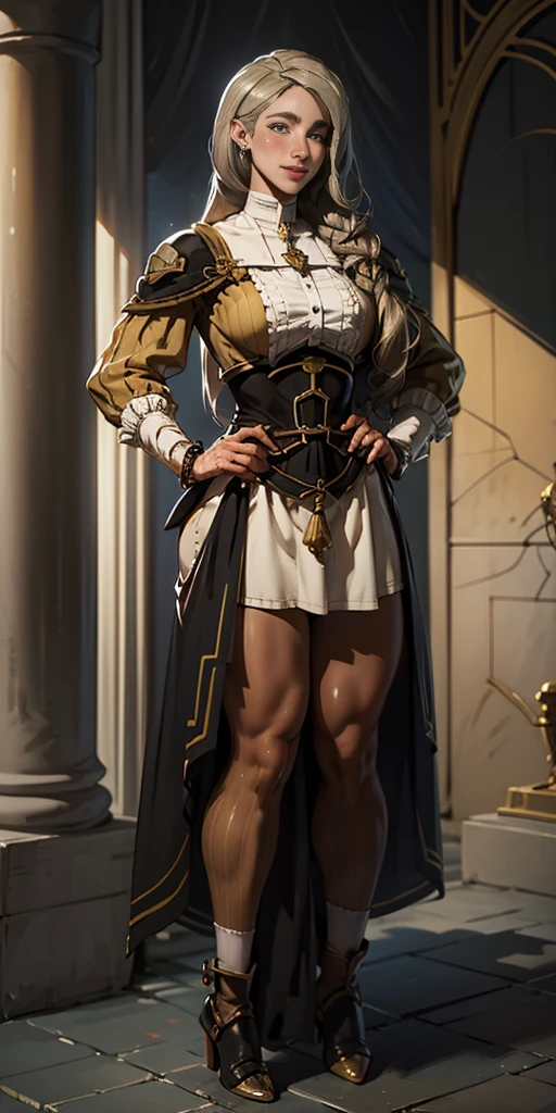 (Forrest from Fire Emblem Fates) 1 solo female full body standing straight symmetrical, looking at viewer, hands on hips, striped tights, golden bracelets, black choker with a golden heart pendant, hands on hips, confident smile, blushed cheeks