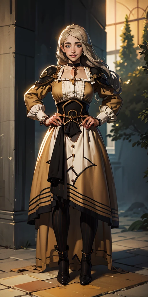 (Forrest from Fire Emblem Fates) 1 solo female full body standing straight symmetrical, looking at viewer, hands on hips, striped tights, golden bracelets, black choker with a golden heart pendant, hands on hips, confident smile, blushed cheeks