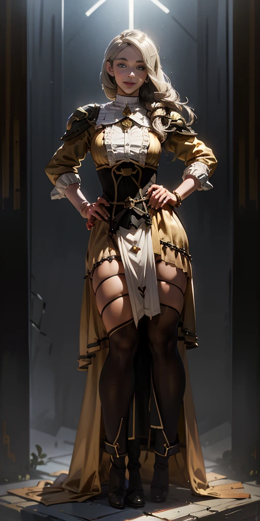 (Forrest from Fire Emblem Fates) 1 solo female full body standing straight symmetrical, looking at viewer, hands on hips, striped tights, golden bracelets, black choker with a golden heart pendant, hands on hips, confident smile, blushed cheeks
