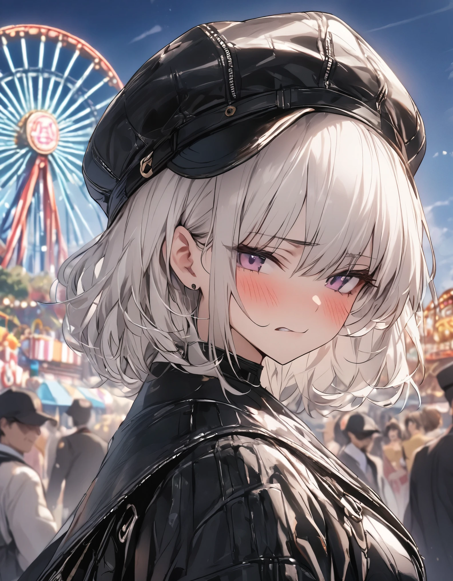 masterpiece、1girl, White Hair, short hair, fashionable clothes, black cap, (((slightly grouchy and shy face))), Focus on the face, amusement park background