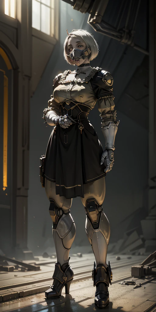 (masterpiece:1.2,high quality), 1girl, ((ultra realistic details)), global illumination, shadows, Unreal Engine, octane render, 8k, ultra sharp, metal, intricate, ornaments detailed, highly intricate details, yellow eyes, (mechanical body:1.2), white hair, (black gas mask), Gear, bob cut, hundreds of wires, Terran, (Robot, android:1.15), Apocalypse, broken buildings, full body, whole body. 1solo (girl). standing, hands on hips full body, whole body. choker, big belt, view from below, feet together, bracers, tiara