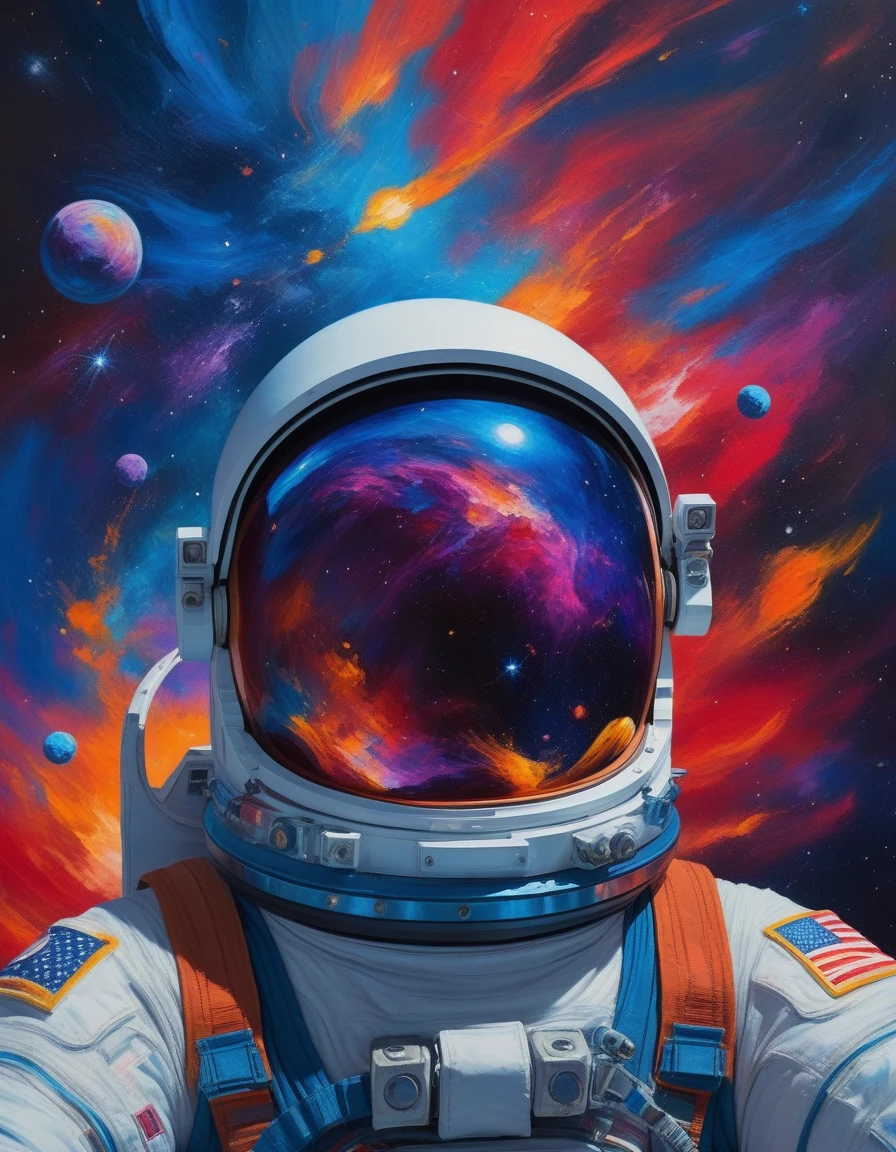 Fauvist style paintings,Depicts an astronaut floating in space. Astronaut clothing is shown in bold, Unnatural colors,For example, electric blue, fire red, and bright. The helmet visor reflects a series of bright, Exaggerated colors, Capturing the vivid beauty of the universe. The background is an intense mix, Saturated colors represent stars, galaxy, and Nebula. The brushstrokes are expressive and loose, Add movement and energy to the scene. The overall effect is one of surreal beauty and intense emotion., Combining the adventure of space exploration with the daring, Fauvist style of expression. Very detailed, Vibrant colors, Expressive brushstrokes, surreal atmosphere, Cosmic Elements.
