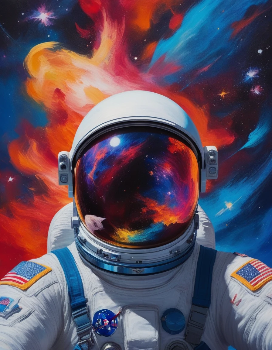 Fauvist style paintings,Depicts an astronaut floating in space. Astronaut clothing is shown in bold, Unnatural colors,For example, electric blue, fire red, and bright. The helmet visor reflects a series of bright, Exaggerated colors, Capturing the vivid beauty of the universe. The background is an intense mix, Saturated colors represent stars, galaxy, and Nebula. The brushstrokes are expressive and loose, Add movement and energy to the scene. The overall effect is one of surreal beauty and intense emotion., Combining the adventure of space exploration with the daring, Fauvist style of expression. Very detailed, Vibrant colors, Expressive brushstrokes, surreal atmosphere, Cosmic Elements.