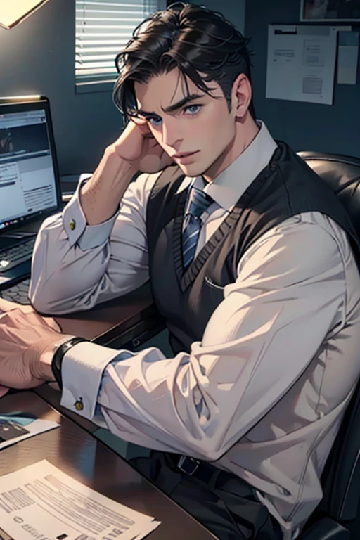(Best Quality,4k,8k,high resolution,Masterpiece:1.2),ultra detailed,(realist,photorealist,photo-realist:1.37),1 man,31 years,mature man,very handsome,without expresion,muscled body,short gray black hair,Blue eyes,glare,perfect face without mistakes,imposing posture,businessman,office background,cinematic lighting,imagen HDR
