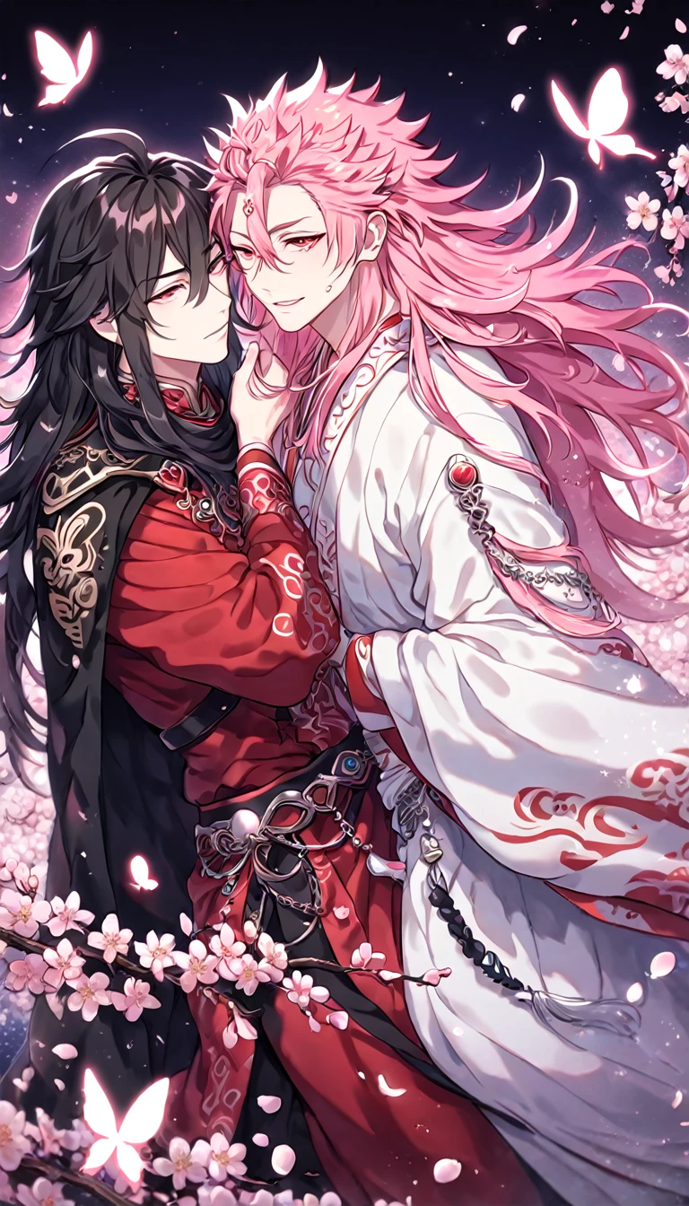 absurdres, highres, ultra detailed, HDR, master piece, best quality, extremely detailed face, delicated features, Xue Yu, untamed spiky hair, black hair, long hair, hair between the eyes, expressive red eyes, Thousand Years War, Ryoumen Sukuna, pink hair, messy hair, expressive red eyes, two sexy men together, gay couple, yaoi, handsome, black cape, red robes, white robes, accessories, patterns, fantasy, magical, radiant, pink butterflies, pink flowers, night sky, shinning pink moon, blossoms, Jujutsu Kaisen