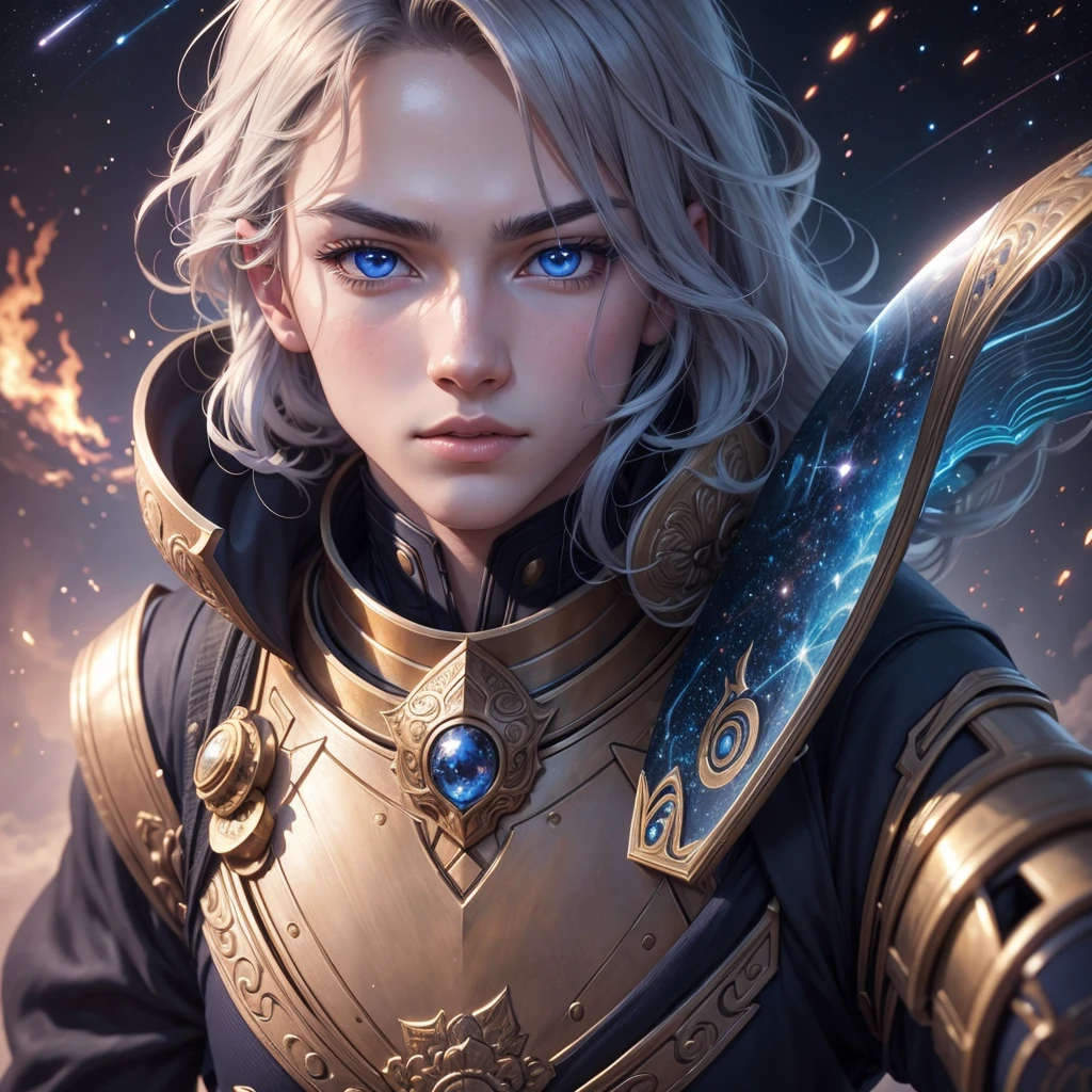 intricate detailed anime style portrait of a young man ,beautiful detailed eyes, beautiful detailed lips, extremely detailed face, long eyelashes, facing upwards, falling from space, space battle scene in background, holding futuristic sword and gun, cinematic dramatic lighting, highly detailed textured skin, blush, blue eyes, closed mouth, depth of field, 8k, best quality, ultra-detailed, photorealistic