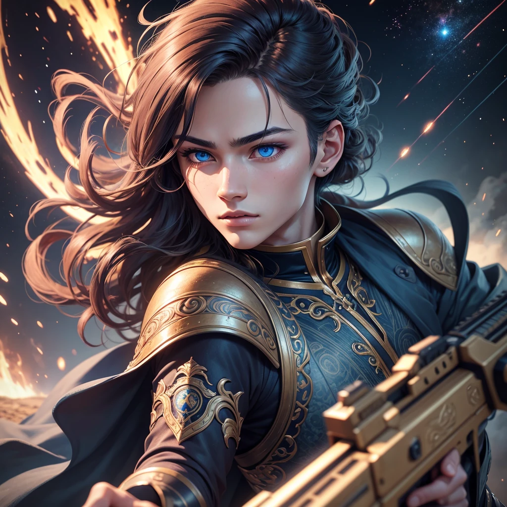 intricate detailed anime style portrait of a young man ,beautiful detailed eyes, beautiful detailed lips, extremely detailed face, long eyelashes, facing upwards, falling from space, space battle scene in background, holding futuristic sword and gun, cinematic dramatic lighting, highly detailed textured skin, blush, blue eyes, closed mouth, depth of field, 8k, best quality, ultra-detailed, photorealistic