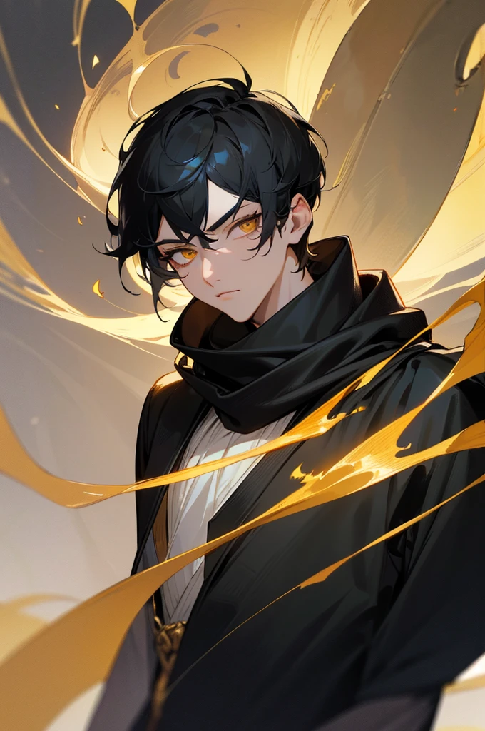 ultra precision,masterpiece, highest quality,Upper body,One Man,youth,20 year old man,(look at me),Cool face,(black hair),Pixie cut,(Golden Eyes),detailed slanted eyes,Three white eyes,long eyelashes,cool look,(black clothes),fantasy costume,scarf,Black winding angle,simple background,