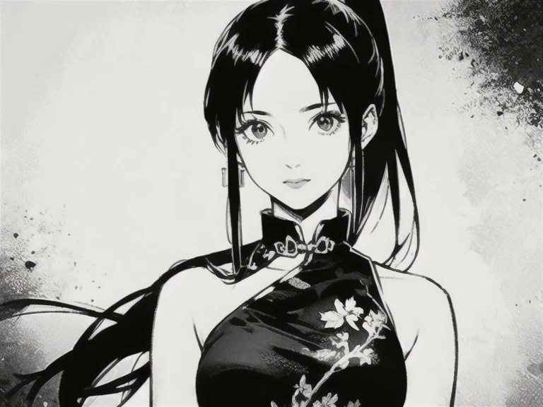 1 girl, solo, female, beautiful girl, medium breast, bare shoulder, long black hair, long lock, long ponytail, (((wear chinese dress))), monochromatic.