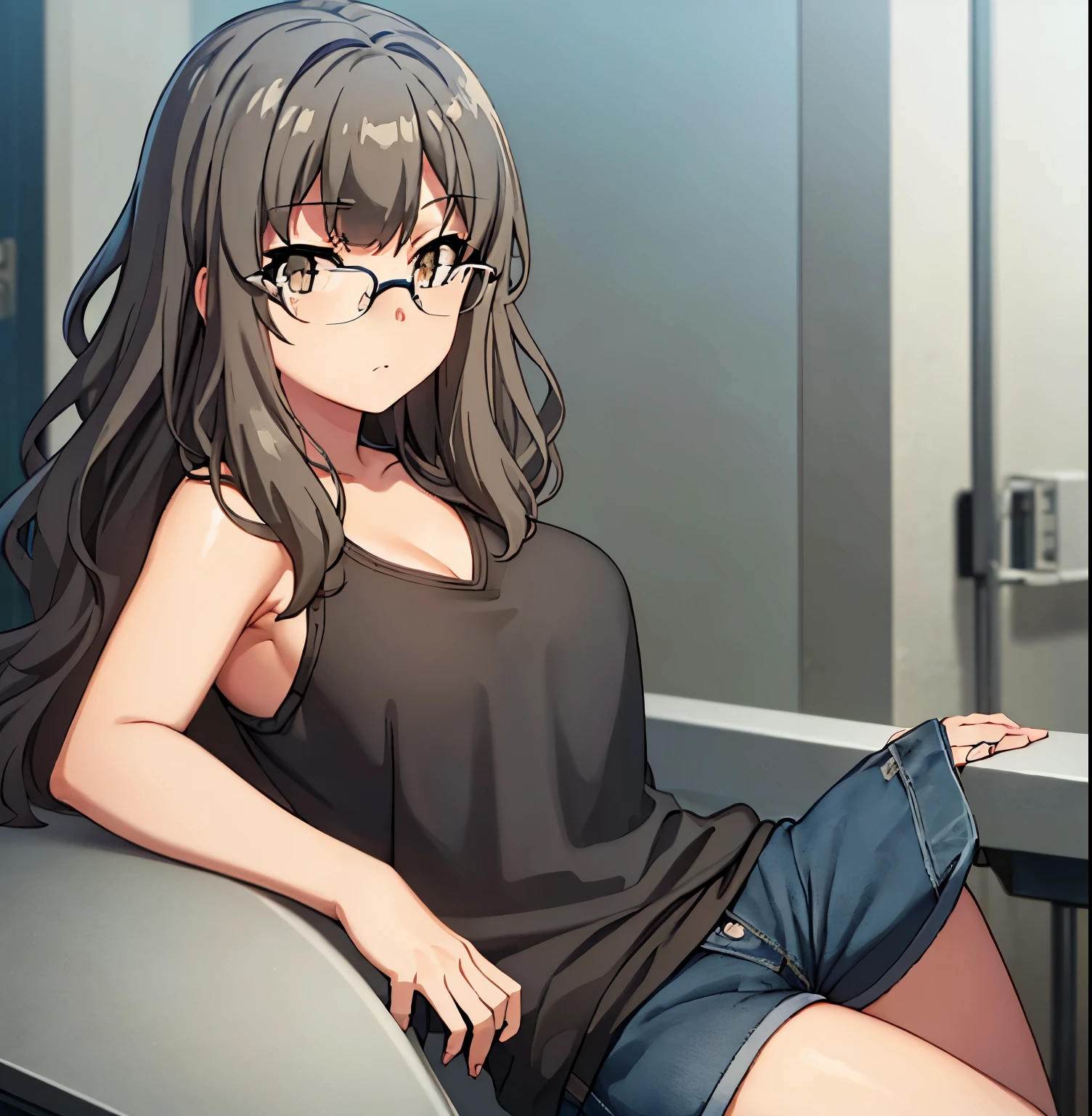 1girl,alone,rio futaba,masterpiece,best quality,realistic, (facing viewer: 1.2), front, pov (from below), indoors, chemistry room, detailed background, heavy breathing, blushing nose, (cheerful:1.1), long_hair, brown_hair, brown_eyes, glasses, huge breasts, medium waist, wide hips, medium thighs, round butt , White coat, open coat, black shirt, tank top, neckline, blue shorts, short shorts, perfect anatomy, perfect hands