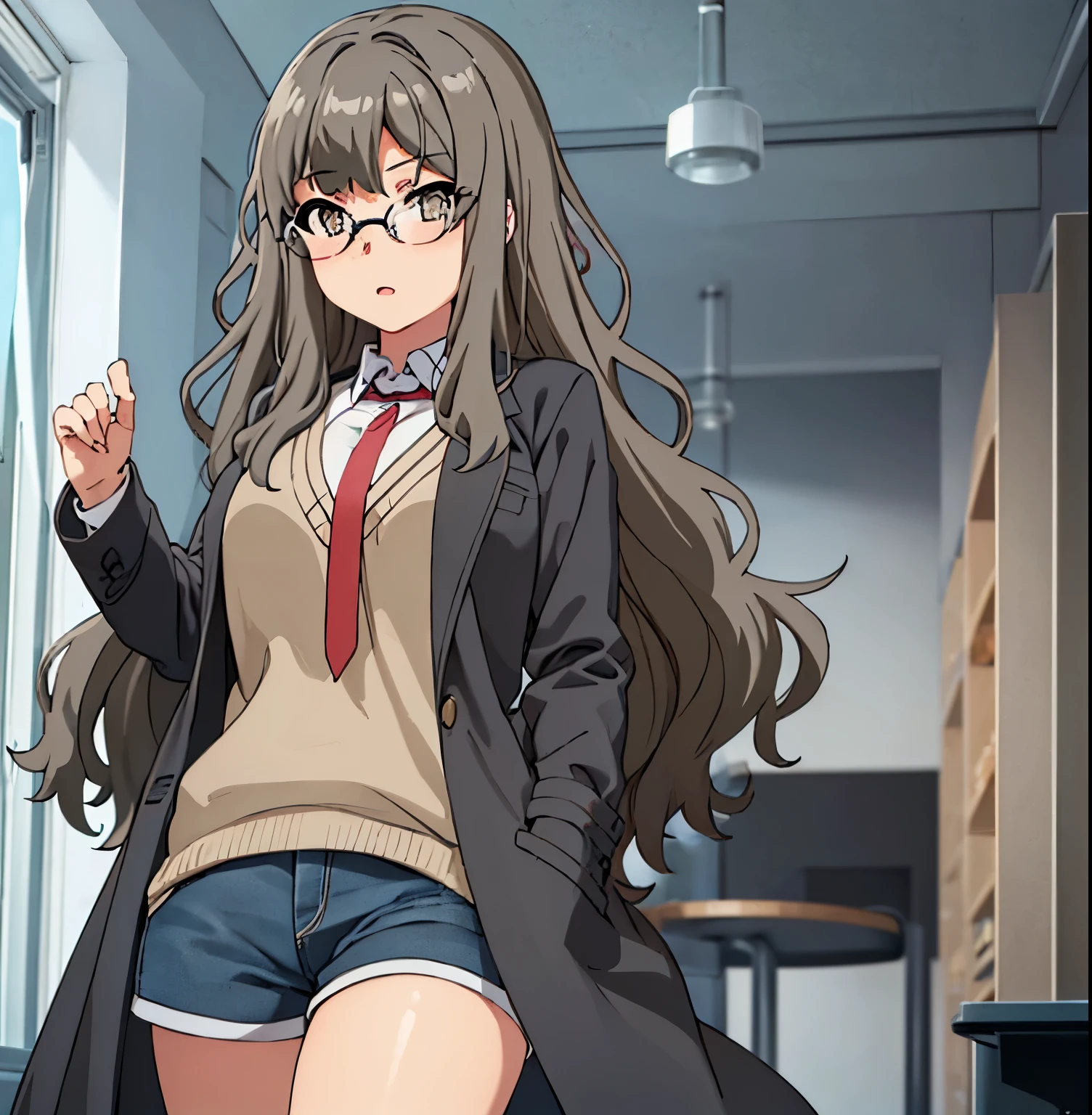 1girl,alone,rio futaba,masterpiece,best quality,realistic, (facing viewer: 1.2), front, pov (from below), indoors, chemistry room, detailed background, heavy breathing, blushing nose, (cheerful:1.1), long_hair, brown_hair, brown_eyes, glasses, huge breasts, medium waist, wide hips, medium thighs, round butt , White coat, open coat, black shirt, tank top, neckline, blue shorts, short shorts, perfect anatomy, perfect hands